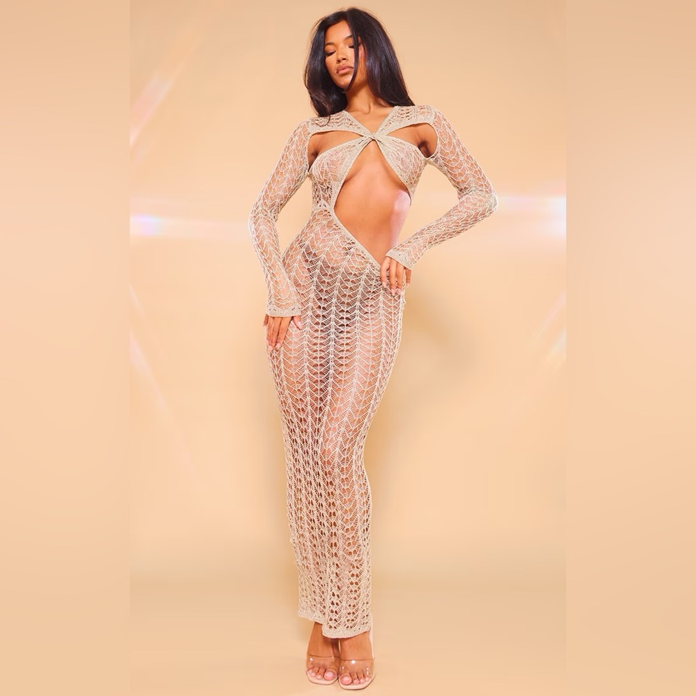 Pretty Little Thing Gold Open Knit Glitter Long Sleeve Maxi Dress Cutout XS